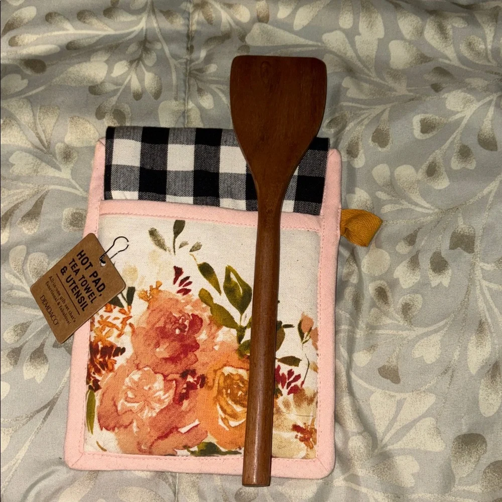 Demdaco Pink Trim Floral Hot Pad, Tea Towel and Wooden Spoon Gift Set NWT